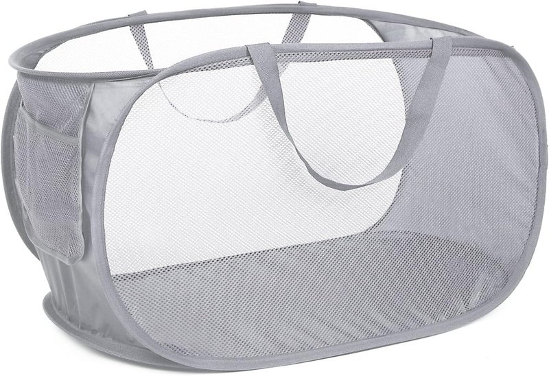Bemkoo Durable Collapsible Laundry Baskets, Mesh Pop Up Laundry Hamper with Side Pocket, Foldable Clothes Storage Hamper with Reinforced Carry Handles for Laundry, Bathroom, Kids Room, Dorm or Travel Grey - Image 1